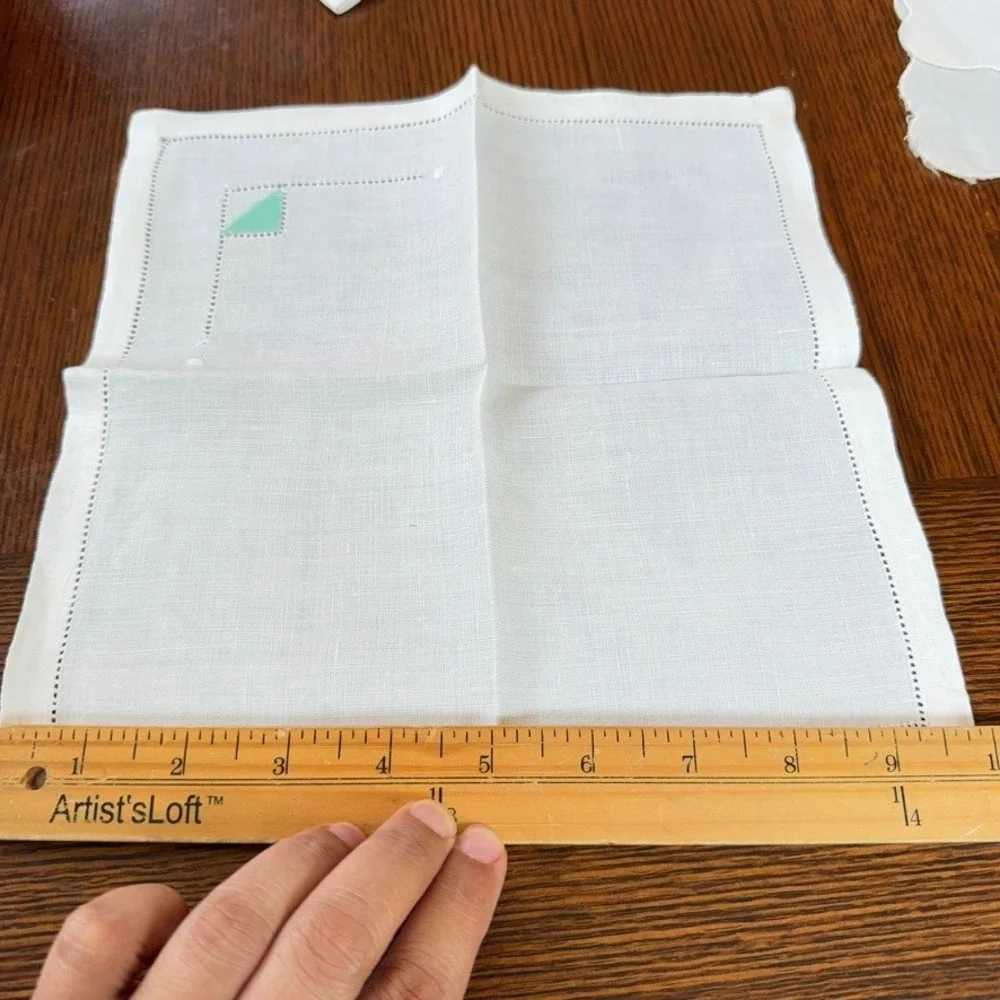 Vintage Linen Napkin Handkerchief Set 7pc Green Hemstitch Yellow Floral Applique